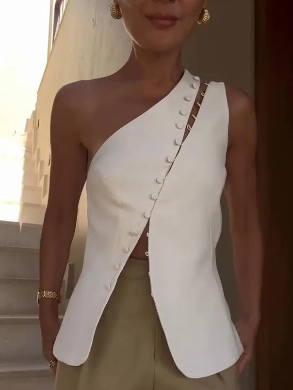 Ascent One-Shoulder Button Detail Top