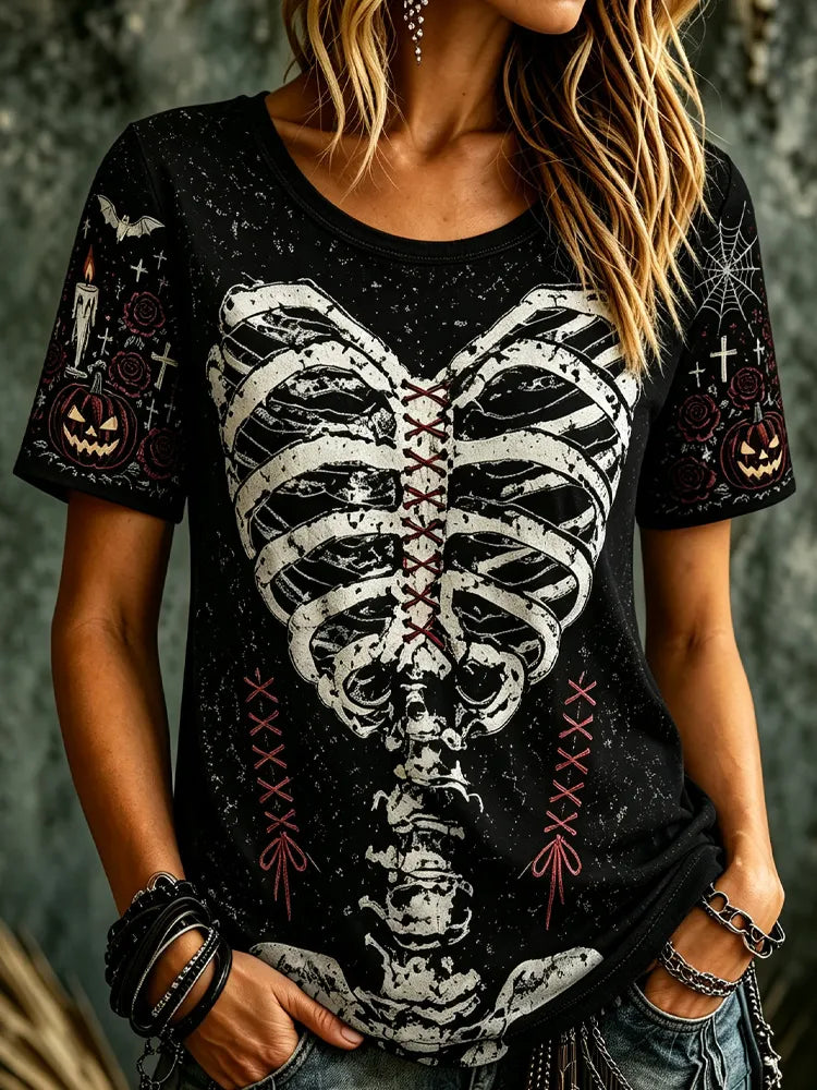 Women's Gothic Halloween Style Skeleton Bow Short-sleeve Top
