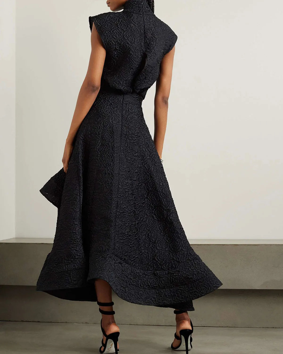 Arresting asymmetric ruffled cloqué turtleneck dress