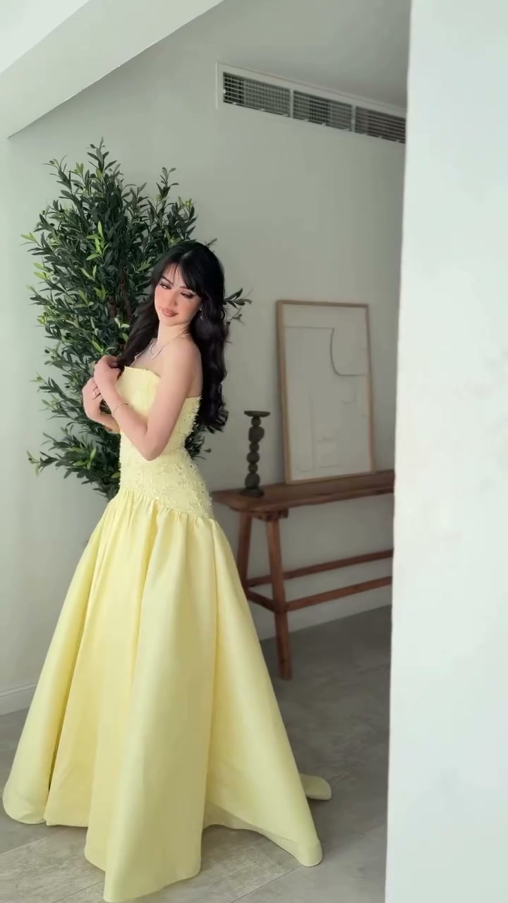 butter-yellow-strapless-ball-gown-boned-bodice-drop-waist-prom-dress