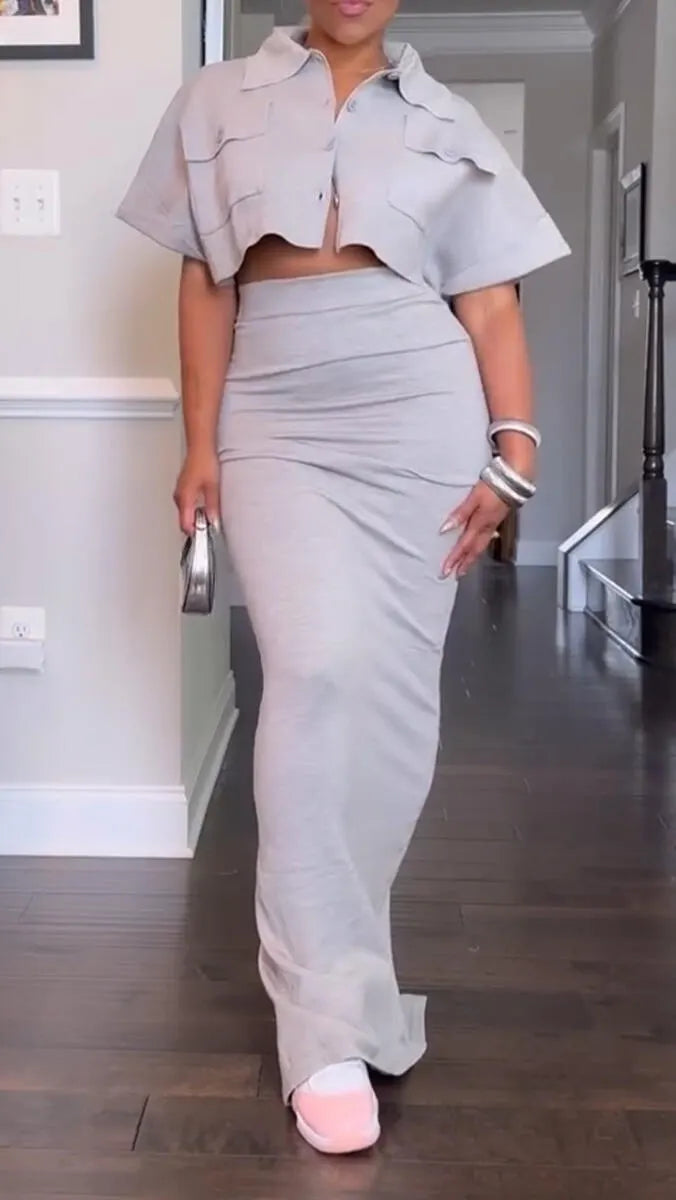 Ladies' Lapel Short Top+skirt Commuting Style Set
