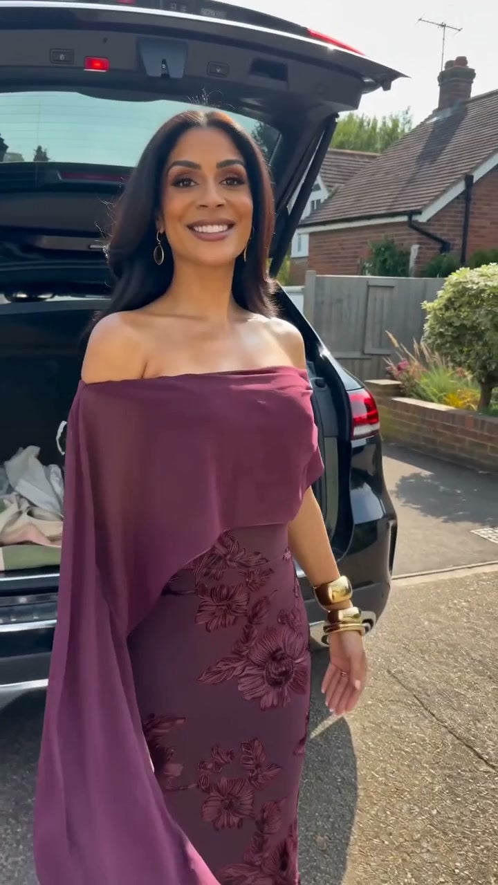 burgundy-floral-cape-midi-dress-off-shoulder-sheath-dress