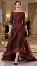 Burgundy Satin Draped High‐Low Formal Gown