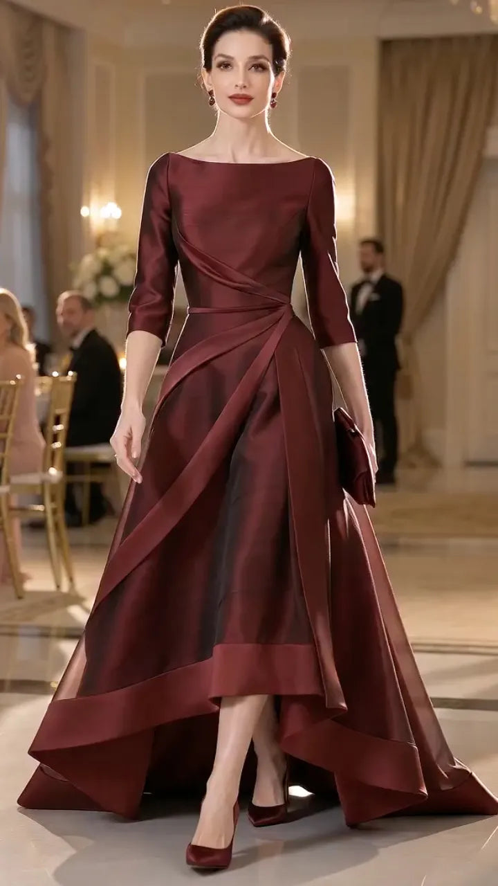 Burgundy Satin Draped High‐Low Formal Gown