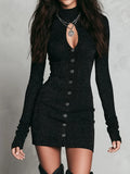Boho Keyhole Cutout Buttons Black Sparkly Knit Mini Dress