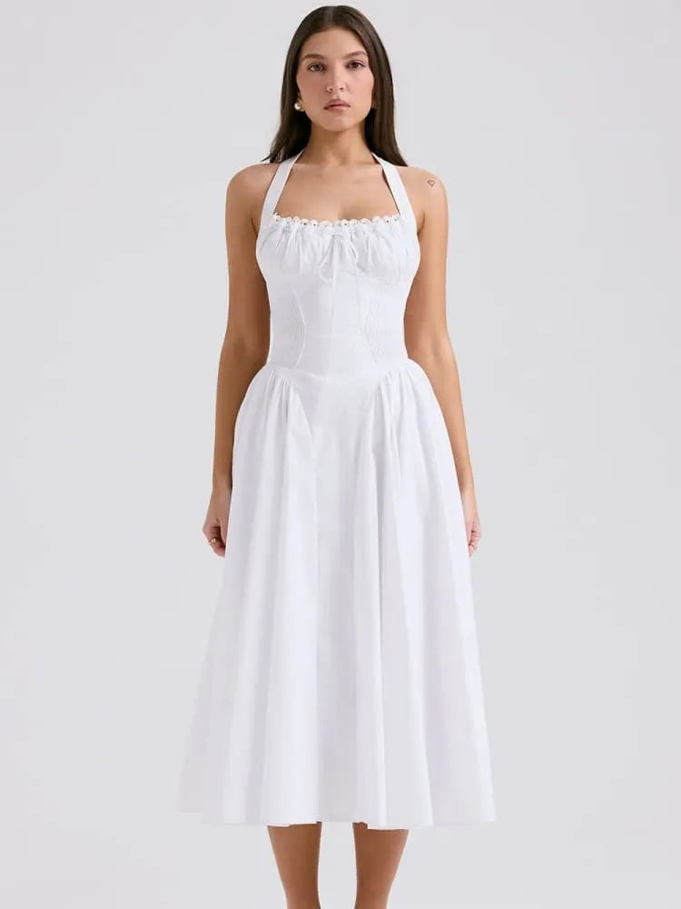 White Backless Halter Midi Dress