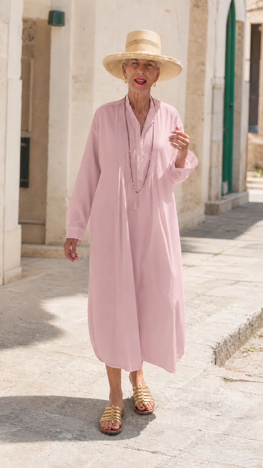 Women's Pintuck Pleated Button Midi Shirt Dress Loose Long Sleeve Caftan