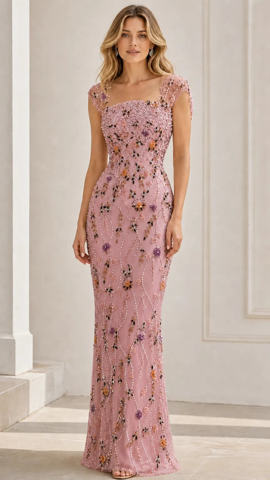 Floral Beaded Cap Sleeve Column Evening Gown with Square Neckline