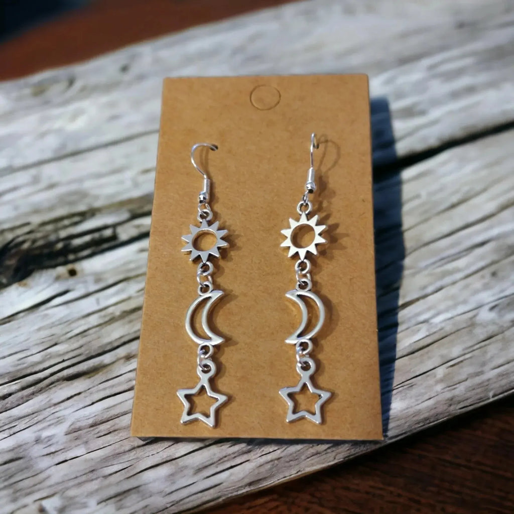 Silver Sun Moon And Star Earrings