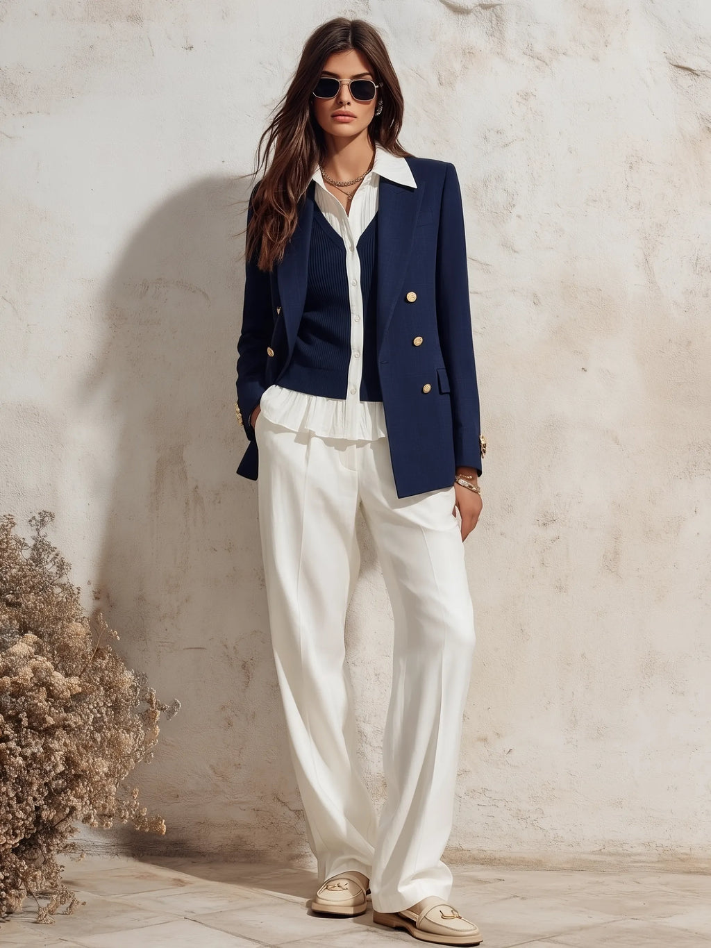 Nautical Riviera Navy Blue Tailored Blazer Vest Two Piece Set