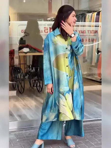 Women's lapel button-down printed shirt long coat and pants set