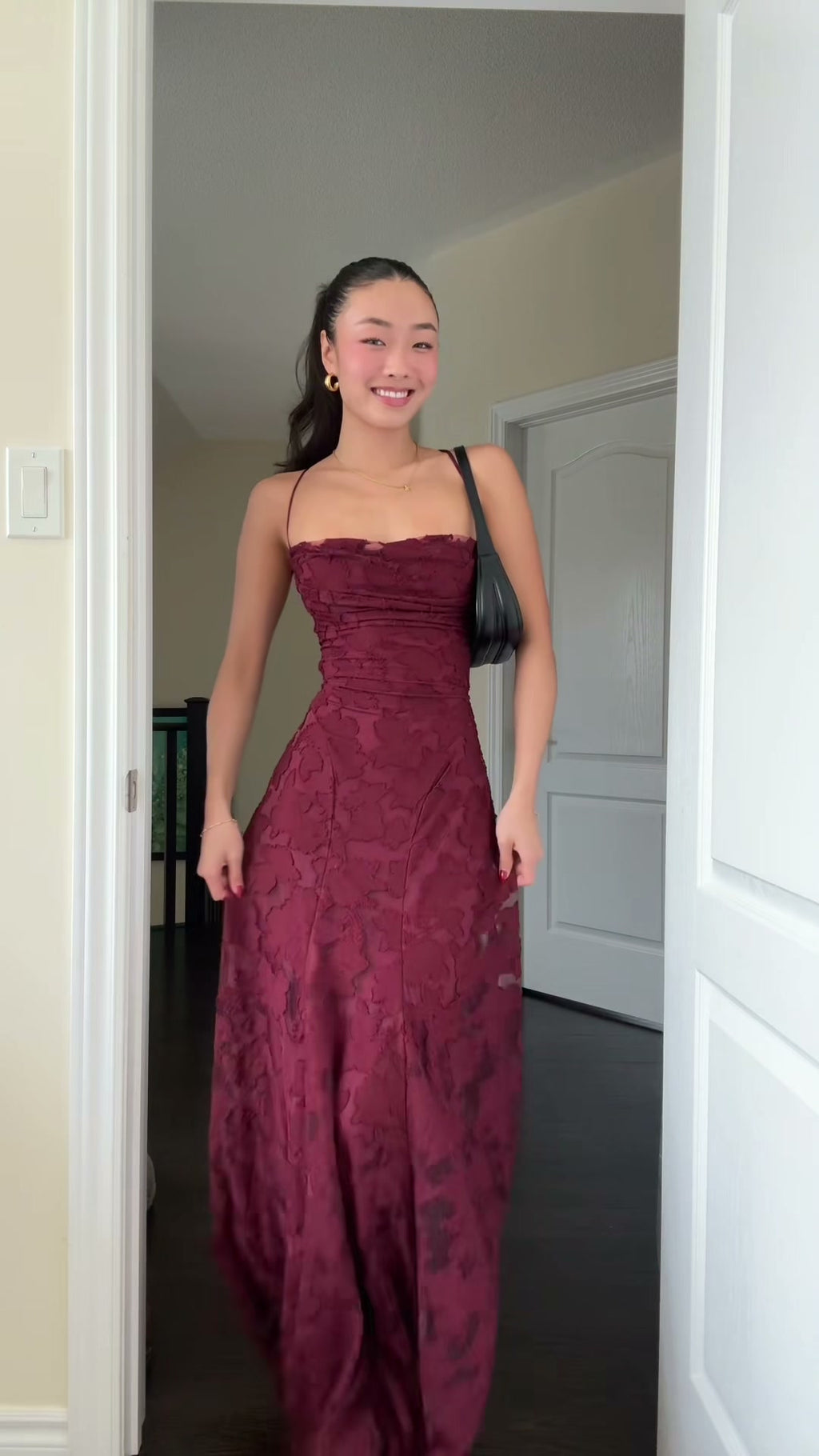 burgundy-jacquard-lace-up-gown-strapless-fit-and-flare-maxi-dress