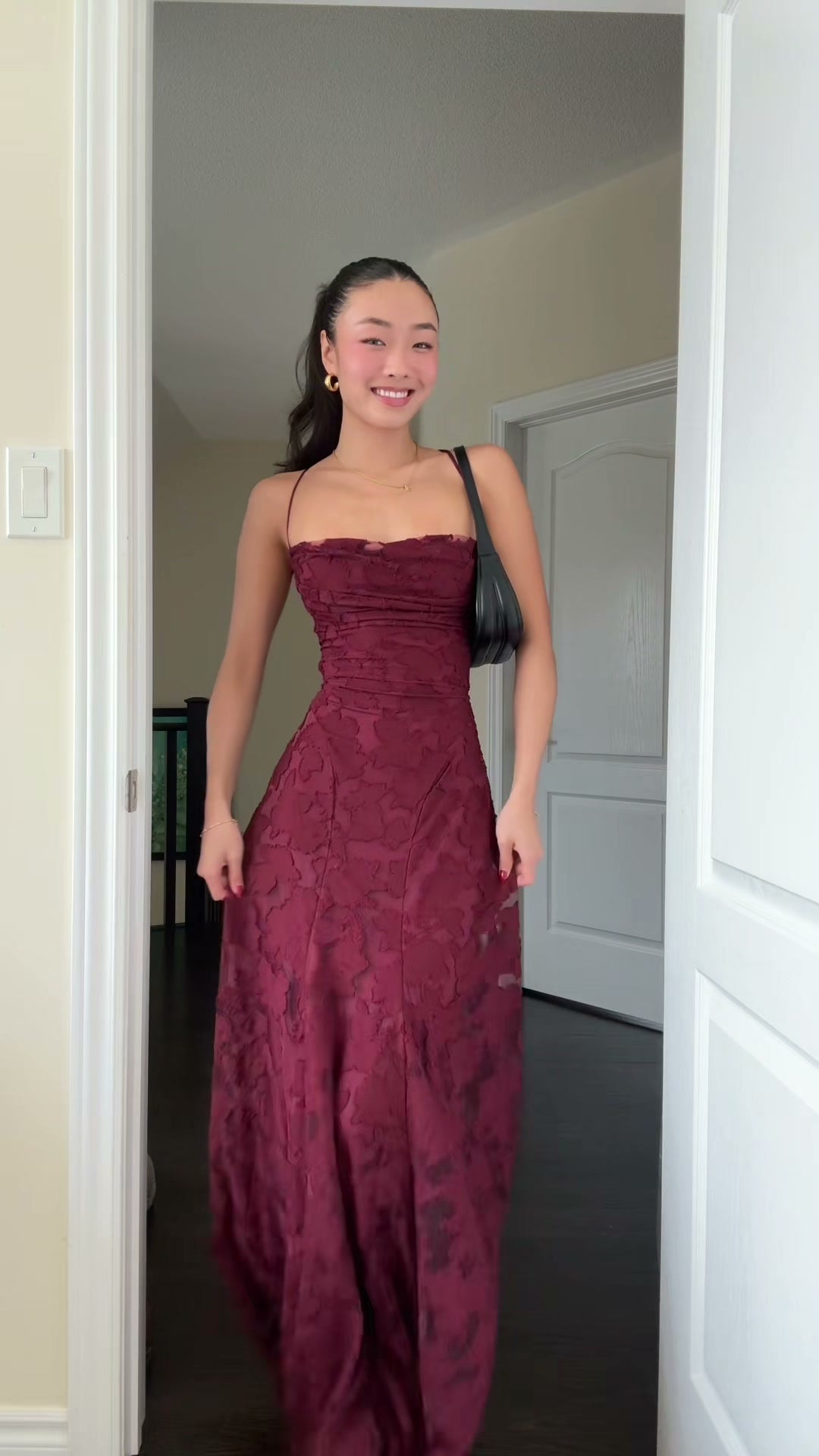 burgundy-jacquard-lace-up-gown-strapless-fit-and-flare-maxi-dress