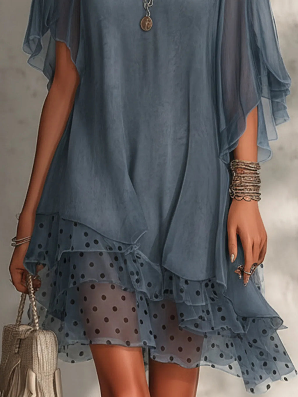 Blue Chiffon Mini Dress With Polka Dot Ruffle Hem