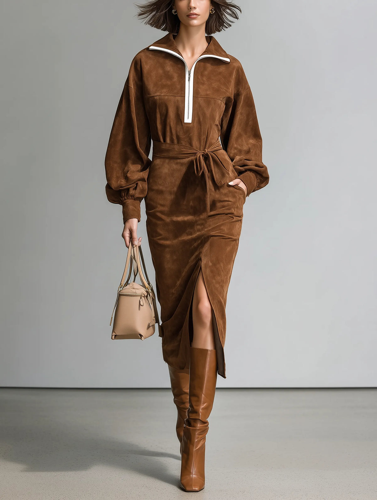 Women's Casual Brown Suede Long-Sleeve Midi Dress MDZ2729H7LXY