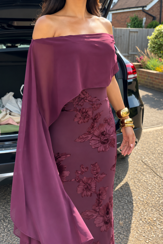 burgundy-brocade-midi-dress-off-shoulder-cape-sleeve-formal-dress
