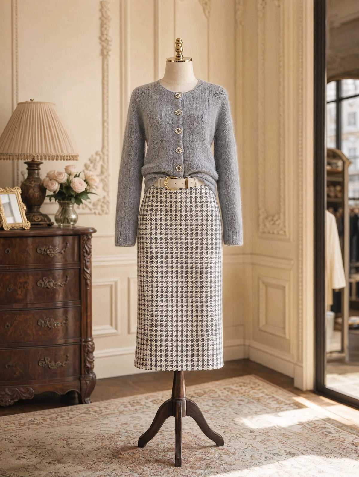 Vintage Houndstooth High Waist Pencil Skirt