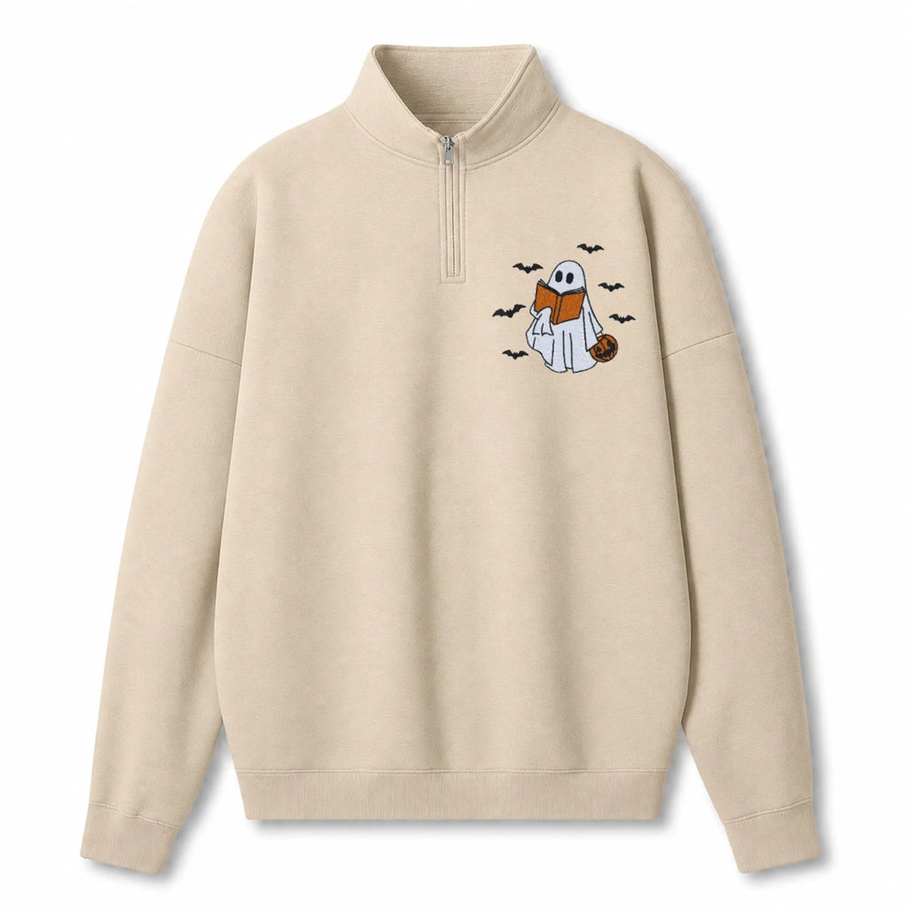 Chaotic Club Embroided Reading Ghost Pumpkin Pastel Pink Quarter Zip Sweatshirt
