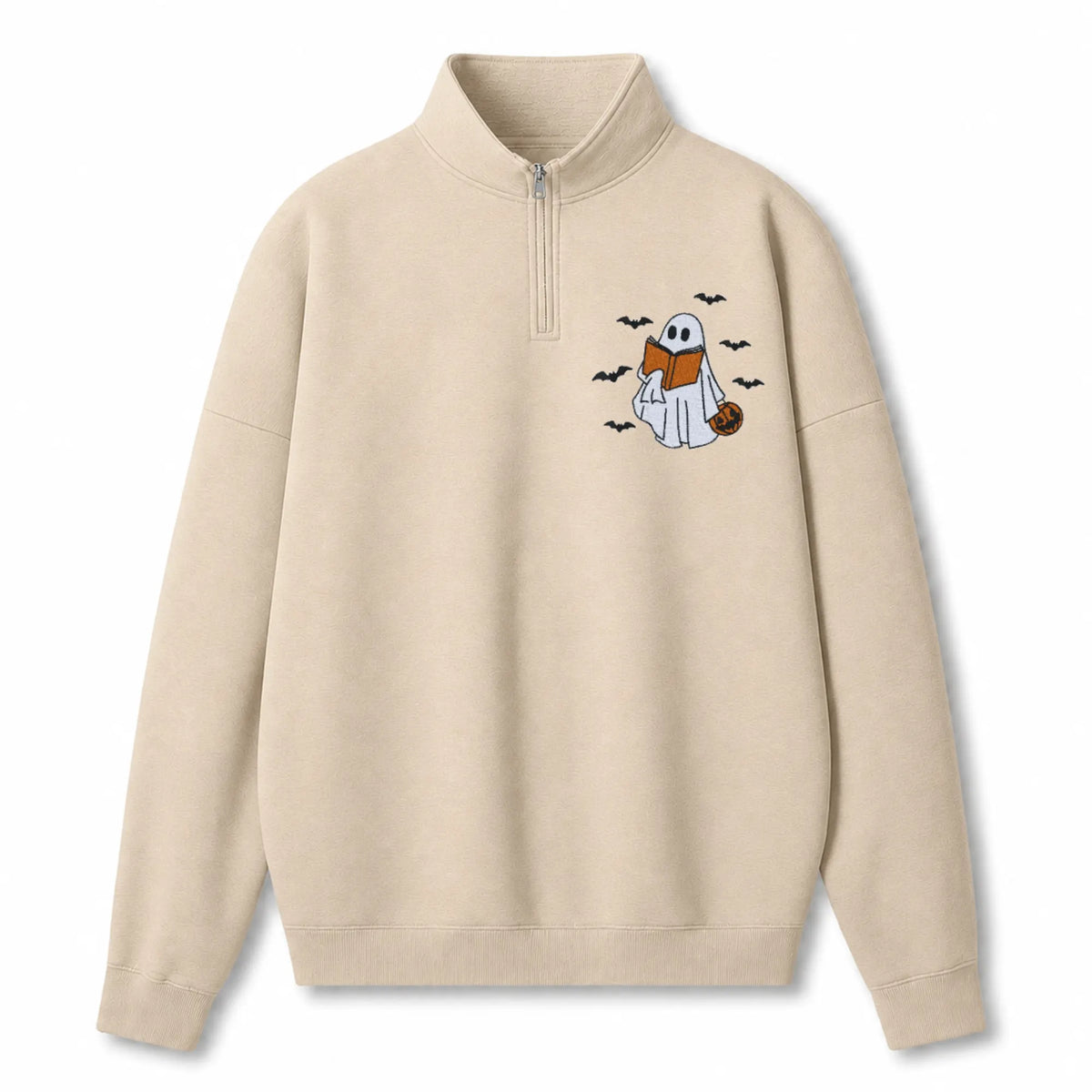Chaotic Club Embroided Reading Ghost Pumpkin Pastel Pink Quarter Zip Sweatshirt
