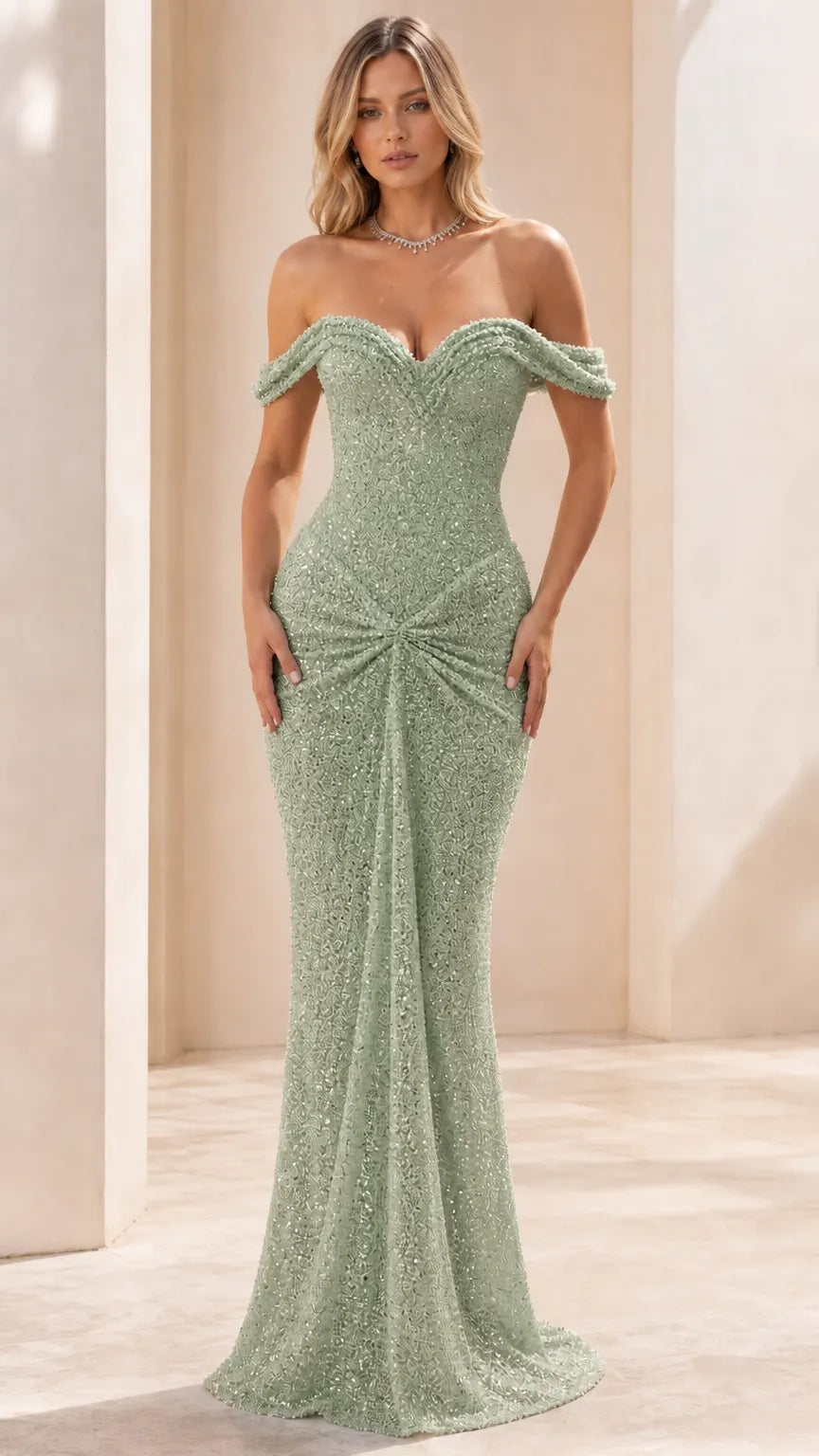 Off-the-Shoulder Sweetheart Ruched Sequin Evening Gown