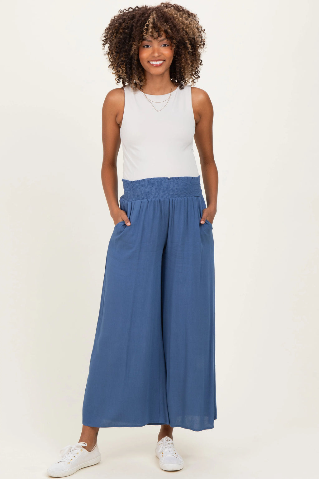 Blue Smocked Waist Ankle Wide Leg Maternity Pants
