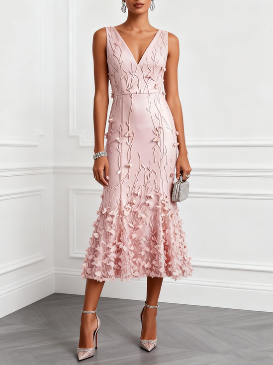 Light Pink 3D Floral Appliqué Embroidery Classic V Neck Sleeveless Mermaid Midi Dress