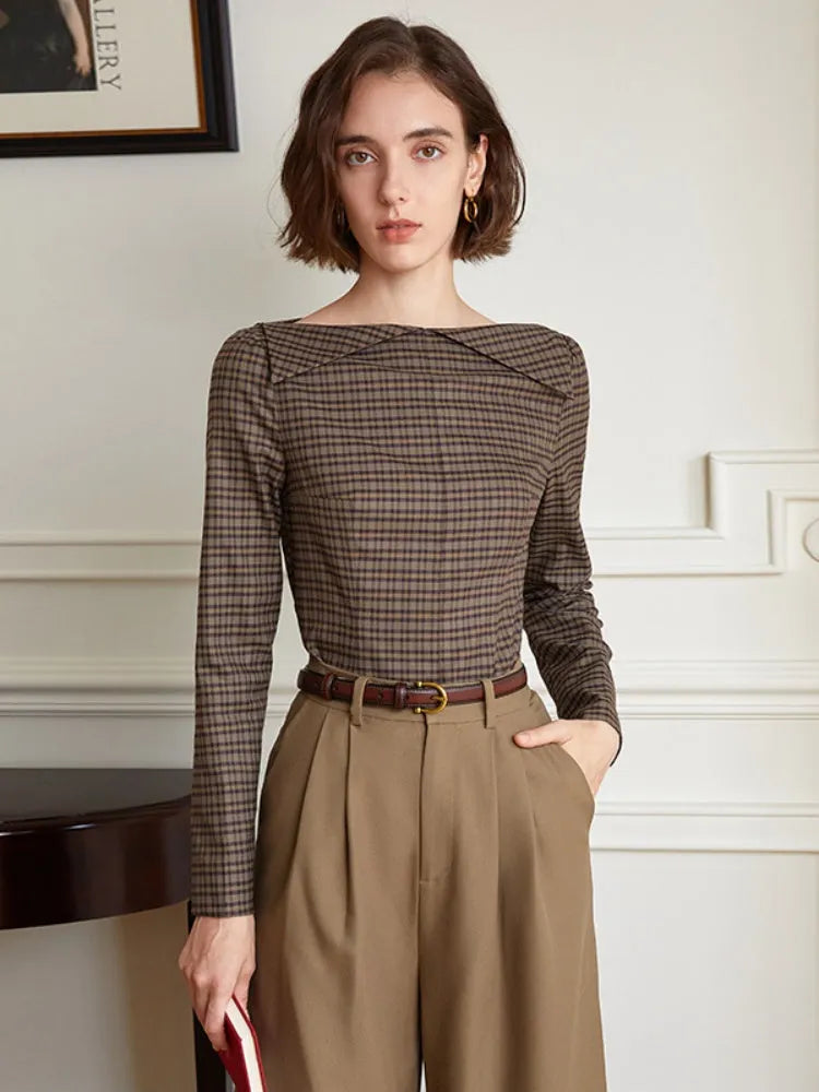 French Vintage Off-Shoulder Plaid Blouse