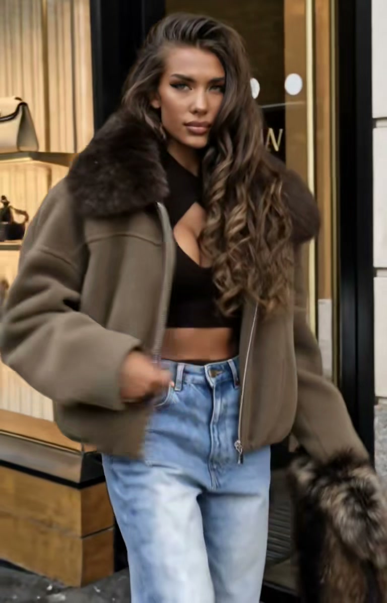 taupe-cropped-puffer-jacket-brown-faux-fur-collar-winter-coat