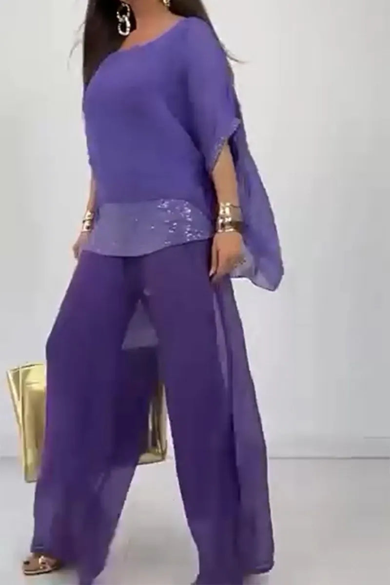 Women's casual sequined chiffon top & casual chiffon stretch pants
