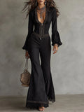 Boho Deep V-Neck Zip-Up Bell Sleeve Flared Jumpsuit