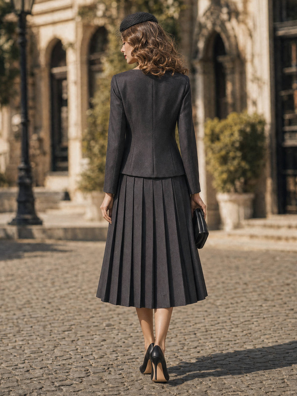 Vintage Square Neck Gold Button Jacket & Slit Pleated Midi Skirt Set
