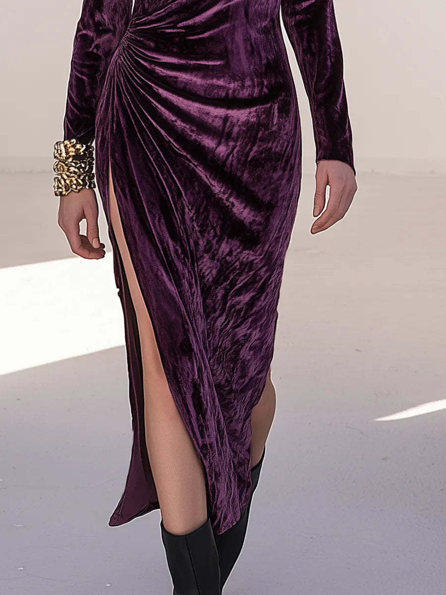 Vintage-style Mock-neck Side Ruching And Slit Purple Velvet Maxi Dress