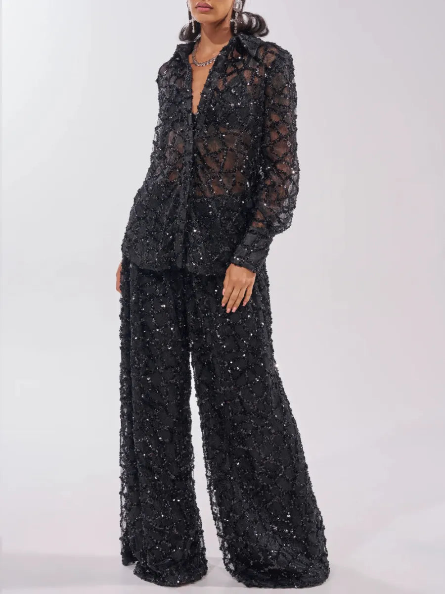 Sequin Sheer Shirt & Wide Leg Pants Two‐Piece Set