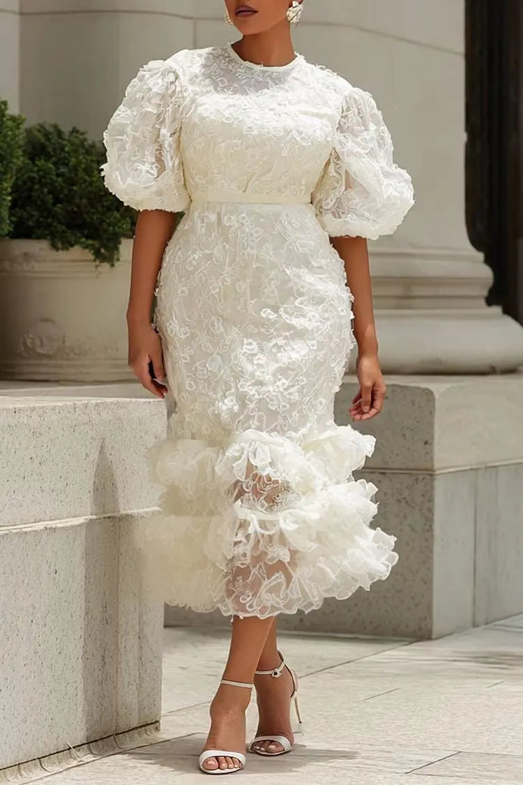 White Lace Puff‐Sleeve Midi Dress