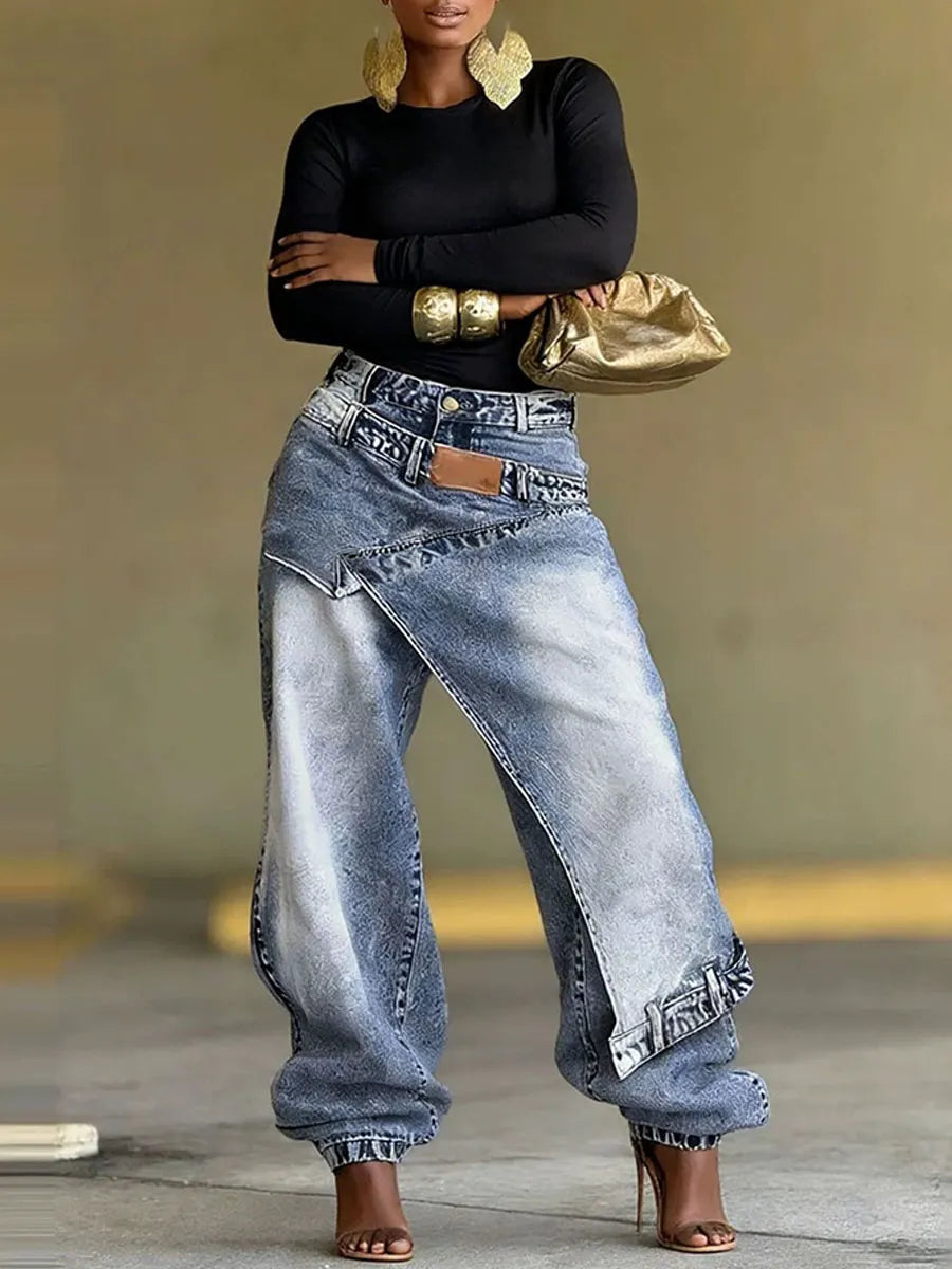 Women's Washed Wide-leg Jeans With Layered Panel Detail