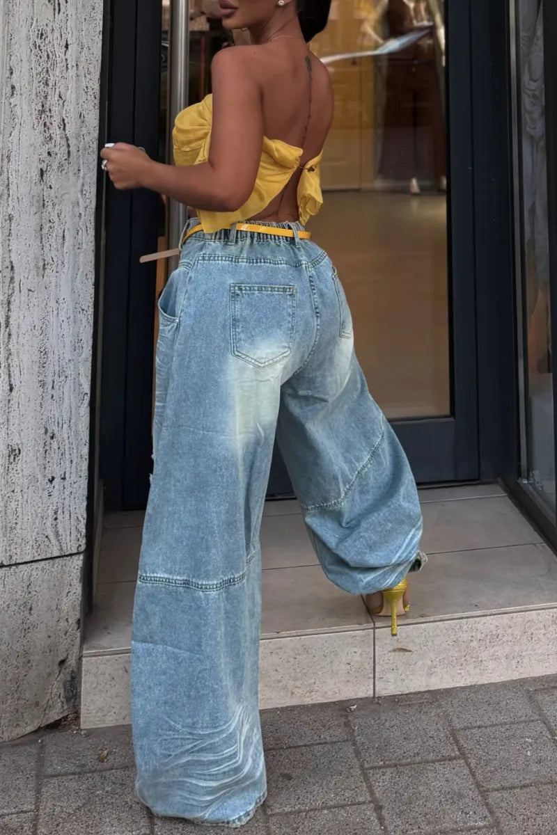 Acid Wash Yellow‐Thread Ripped Baggy Jeans