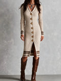 Boho Retro V‑Neck Striped Knit Midi Dress With Gold Buttons