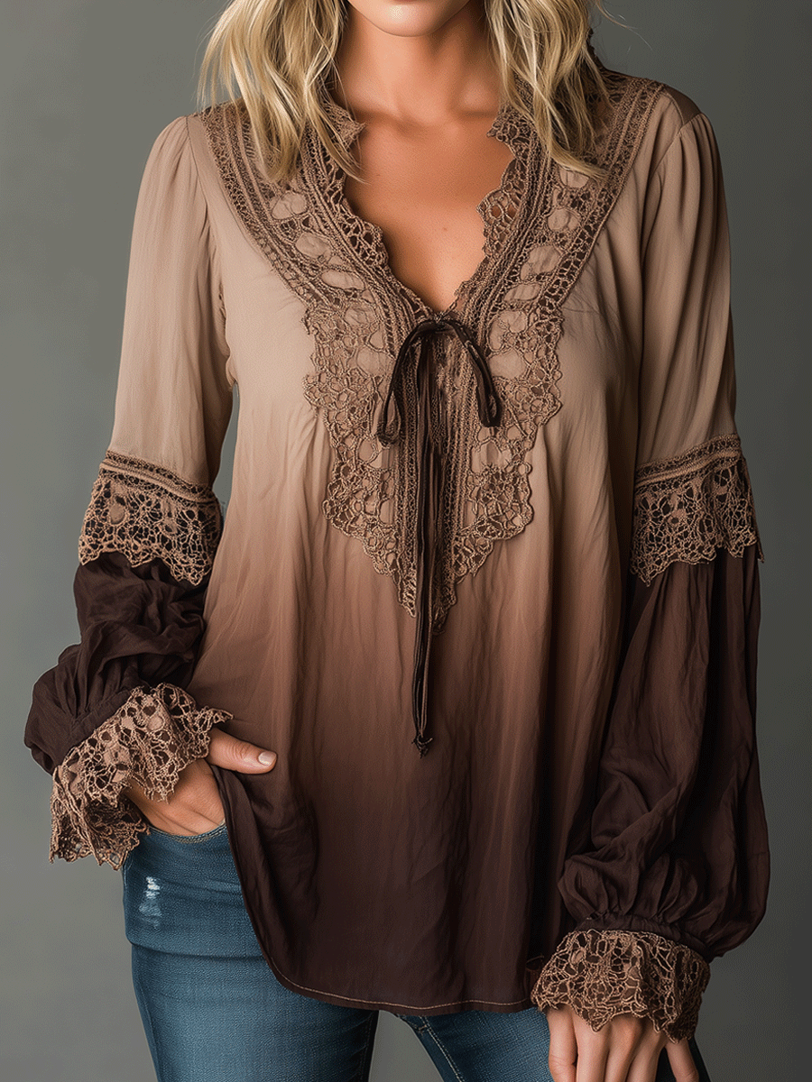 Bohemian Style Gradient Lace Pastoral Style Shirt