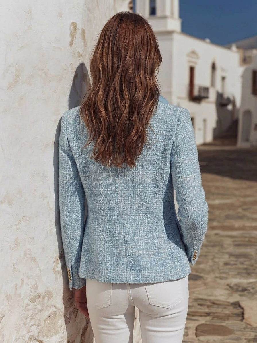 Riviera Coastal Sky Blue Tweed Faux Fur Collar Short Jacket