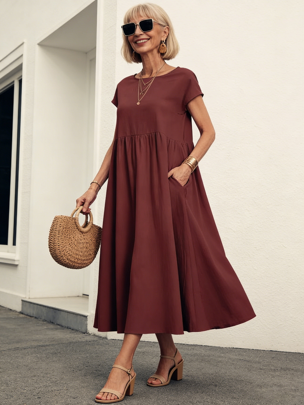 Solid Color Linen Round Neck Fitted Dress