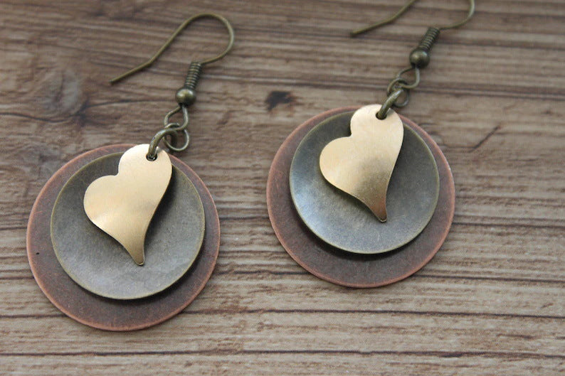 Retro  Multi Layered Love Round Pendant Earrings