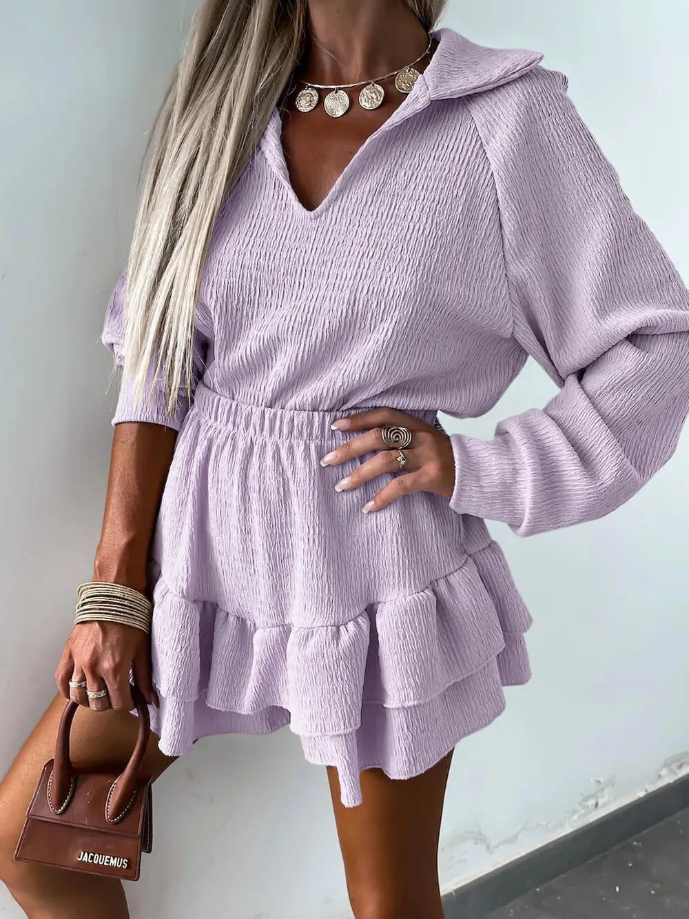 V-Neck Women's Shirt And Flared Skort Two-Piece Set