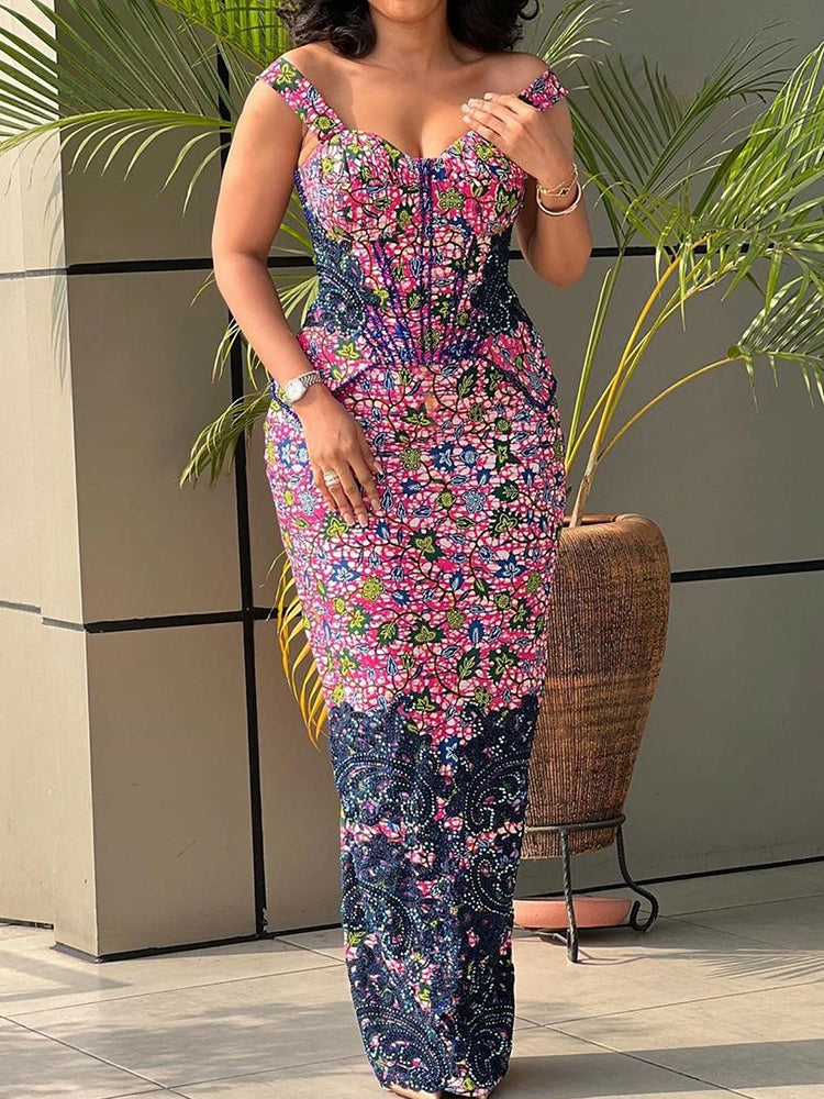 Spaghetti-Neck Floral Printed Split-Joint Wrap Maxi Dress