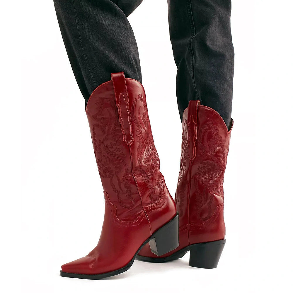 Women's Embroidered Pointed Toe Thick Heel Western Boots