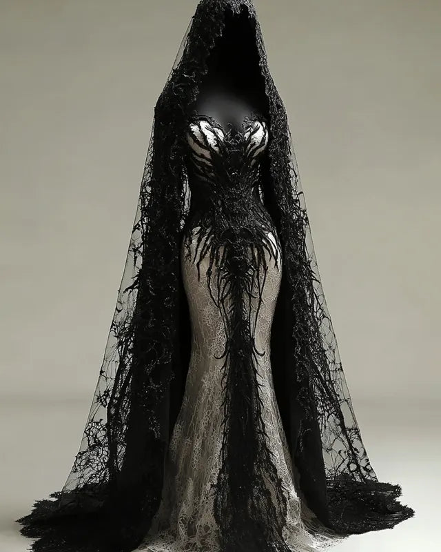 Halloween Contrasting Lace Spiderweb Embroidered Evening Dress 1c3c