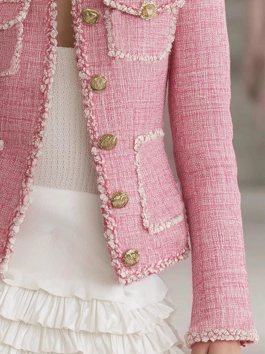 Designer Pink Tweed Patchwork White Trim Button Jacket