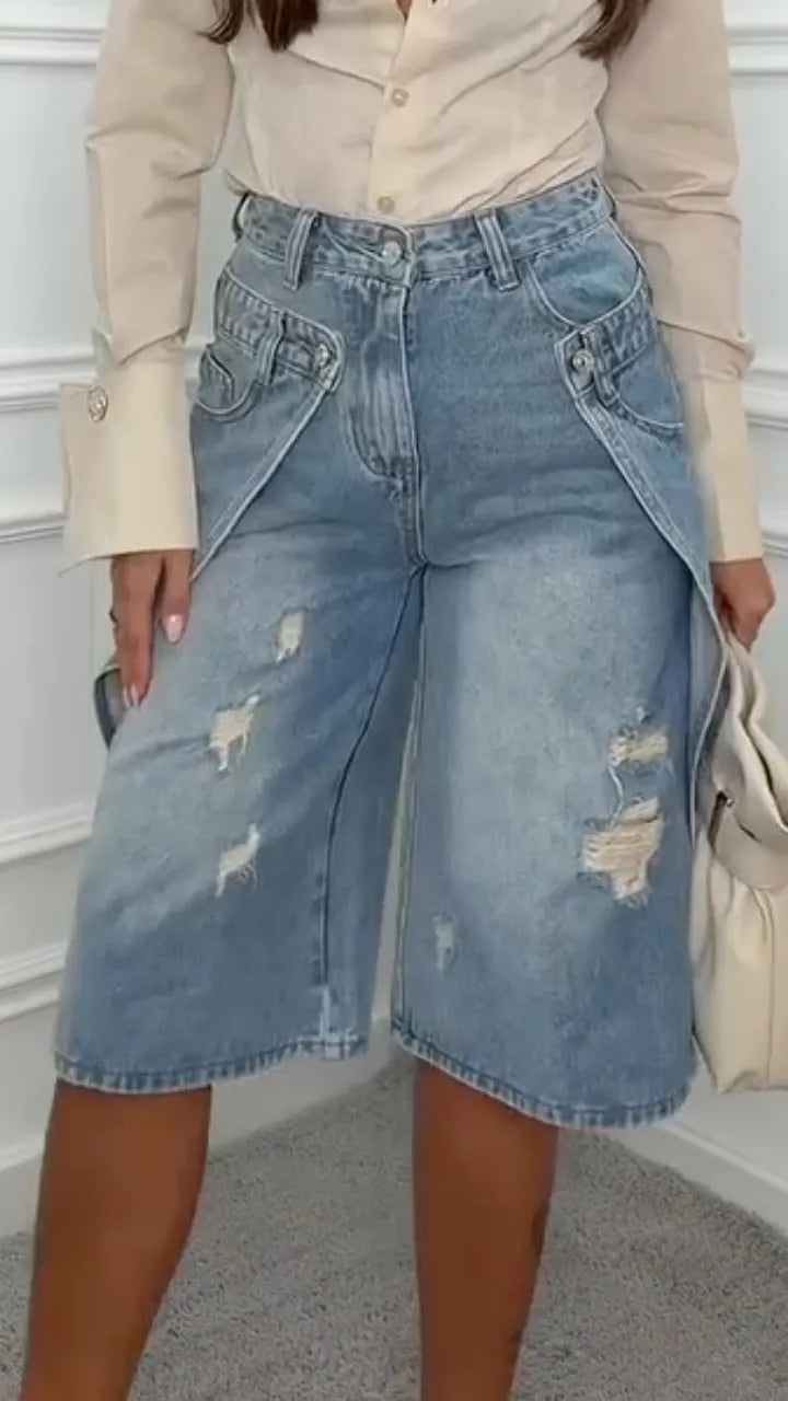 High Waist Distressed Denim Bermuda Shorts