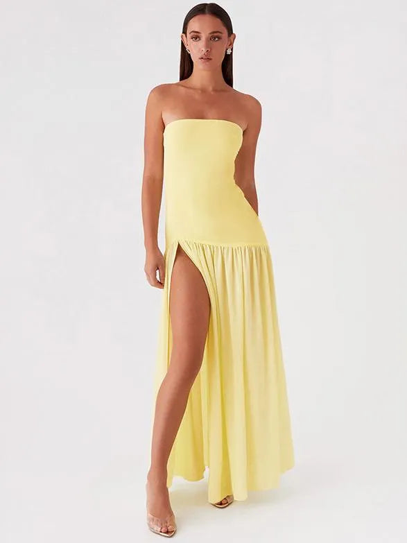 Solid Color Strapless High-Waist Split Hem Panelled Dress