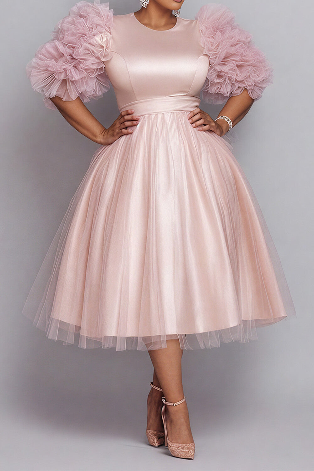 Formal Tulle Pink Round Neck Long Sleeve Contrast Elegant 3D Satin Midi Dresses