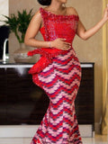 One-Shoulder Split-Joint Striped Asymmetric Shiny Maxi Dress